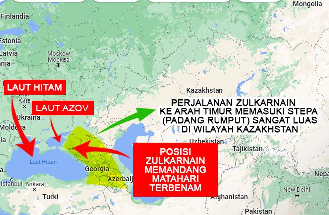 Identifikasi posisi Zulkarnain berdiri ketika melihat matahari terbenam, dan arah perjalannya ke arah timur (dokpri)