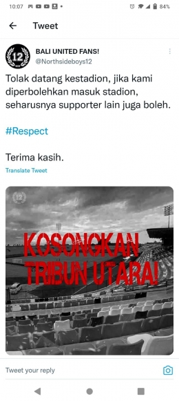 Suporter Bali United menolak datang ke stadion. (Foto : Twitter)