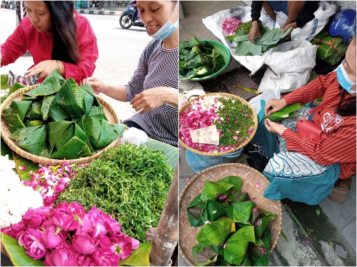 Penjual bunga tabur, omzetnya naik menjelang Ramadan sampai Idulfitri nanti (Dokumentasi pribadi).