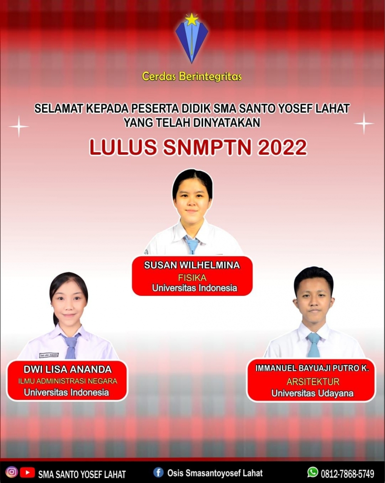 Lulus SNMPTN 2022/dok SMA Santo Yosef Lahat