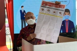 Ketua KPU RI Ilham Saputra memegang contoh surat suara dalam simulasi pemungutan suara di KPU RI, Selasa (22/3/2022). (KOMPAS.com/Mutia Fauzia) 