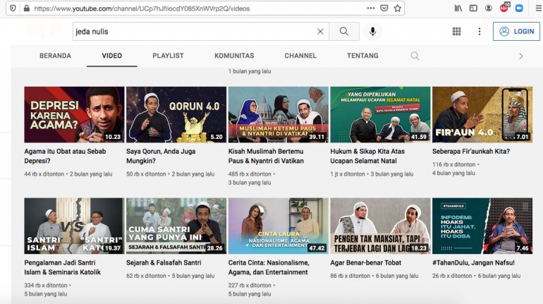 Beberapa konten di kanal youtube Jeda Nulis milik Habib Jafar (dok.pribadi).