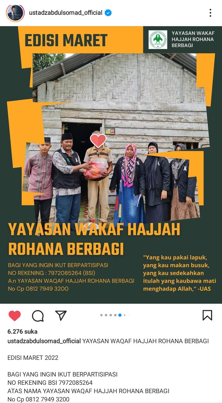 Sumber tangkapan layar: @ustadzabdulsomad_official