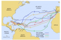 Gambar 8. Rute seluruh ekspedisi Columbus ke benua Amerika. Sumber: Wikipedia