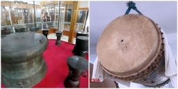 Ilustrasi nekara dan moko di dalam museum/kiri/travel.detik.com dan bedug yang digantung/kanan/timesindonesia.co.id