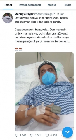 Postingan Denny Siregar yang menginfokan keadaan Ade Armando setelah dibawa ke rumah sakit (Foto : Capture Twitter Denny Siregar)