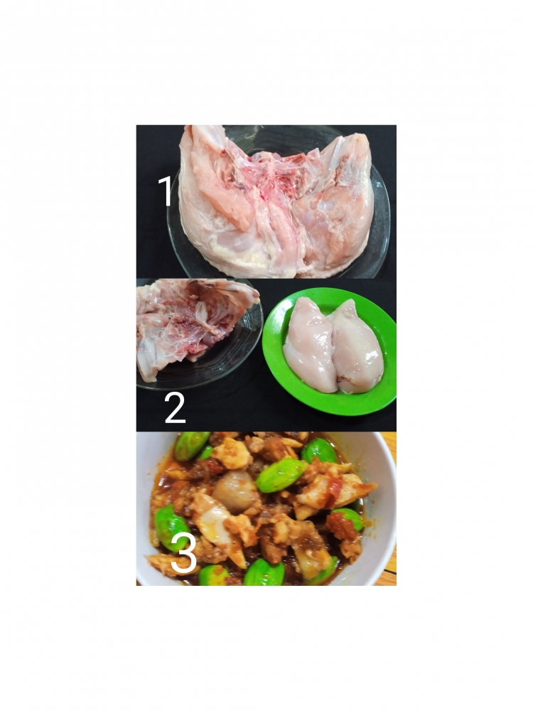 Gambar 1. 1 kg dada ayam. 2. Di fillet menjadi fillet ayam dan tulang. 3. Sambal goreng ayam dari sisa daging ayam yang menempel di tulang.