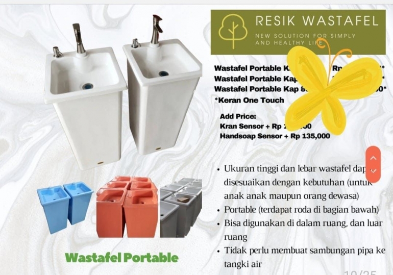 Berbagai dimensi wastafel portable dengan warna2 yng bisa dipilih sendiri, dan dimensi2 itu pun bisa dikembangkan sesuai kebutuhkan. Sumber : Katalog Resik Wastafel