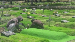 Dua orang pekerja sedang memasang karpet rumput sintetis di satu kuburan di TPU Kampung Kandang (Dokpri)