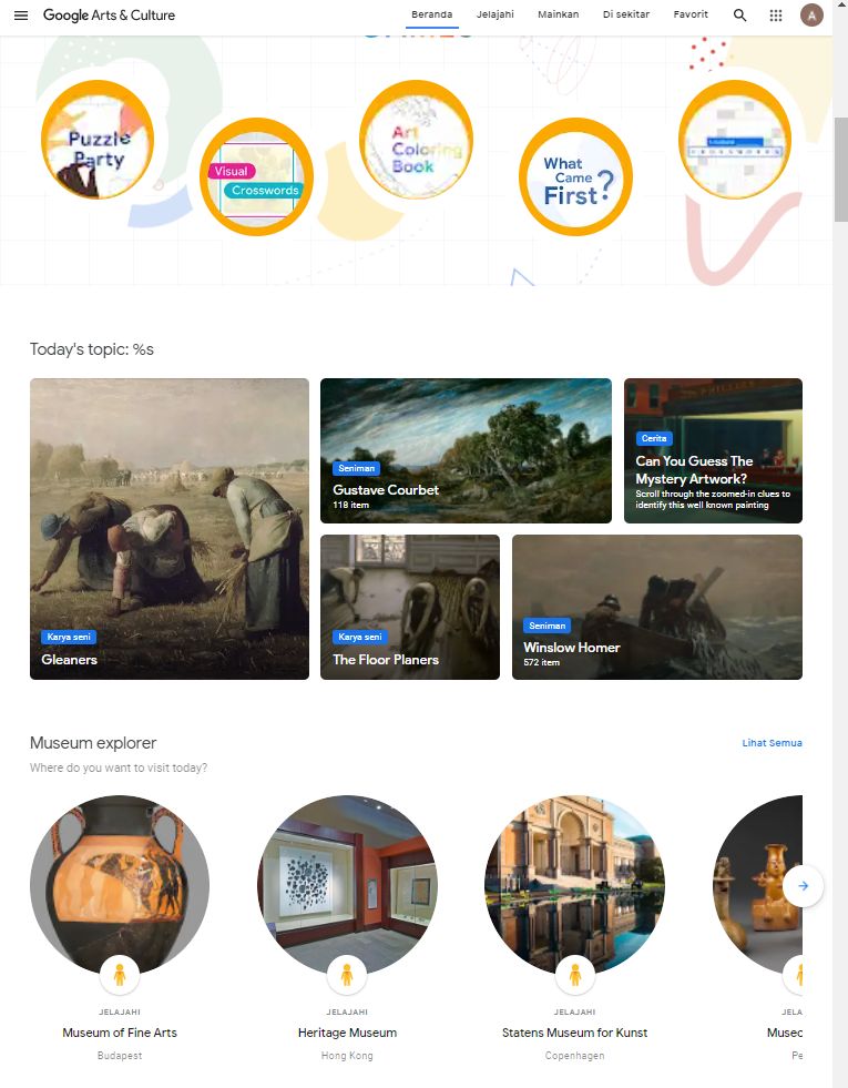 tampilan utama Google Arts & Culture (Dok. pribadi, tangkapan layar)