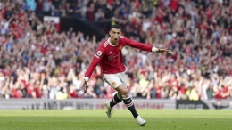 Cristiano Ronaldo kemungkinan turun bertanding melawan Arsenal di Emirates Stadium Sabtu (23/4/22) (Foto AP/Jon Super). 