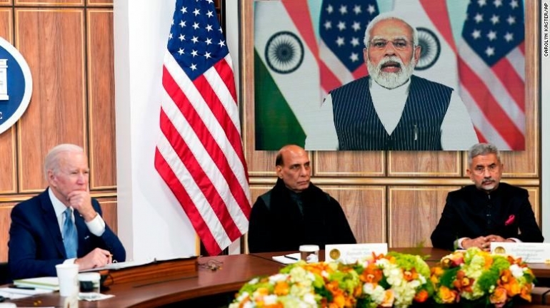  Joe Biden ketika melakukan pembicaraan virtual dengan  Perdana Menteri India Narendra Modi  tanggal 11 April 2022 lalu. Photo: CNN 