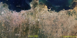 Perbandingan teluk Jakarta di tahun 1990 dan tahun 2019 yang semakin tenggelam (Sumber: diolah pribadi earthobservatory.nasa.gov)