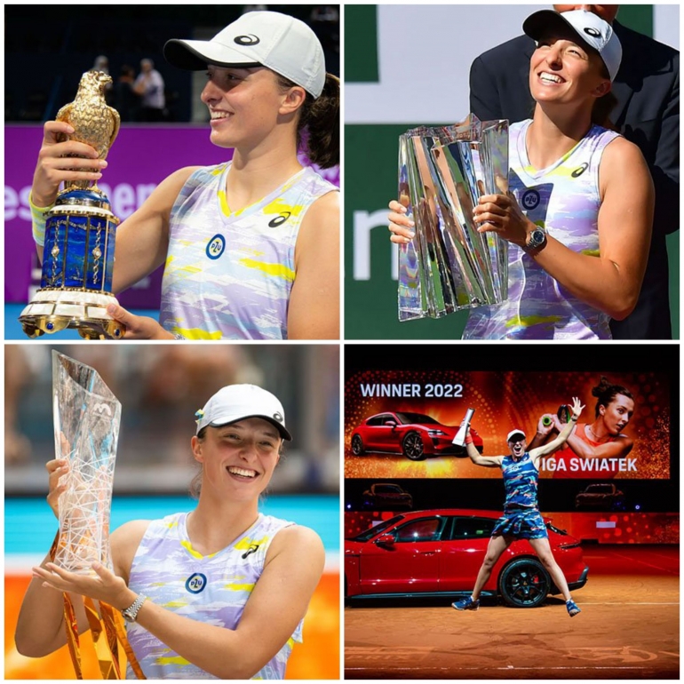 Iga Swiatek dg 4 trophy yg diperolehnya secara beruntun dari qatar open, indian wells, miami open dan stuttgart open. Sumber foto: ligaolahraga.com