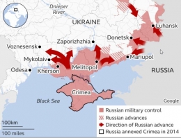 Gambar peta posisi tentara Rusia ke Mykollaiv dan sekitarnya. Sumber : capture dari BBC,com edisi 19/3/2022