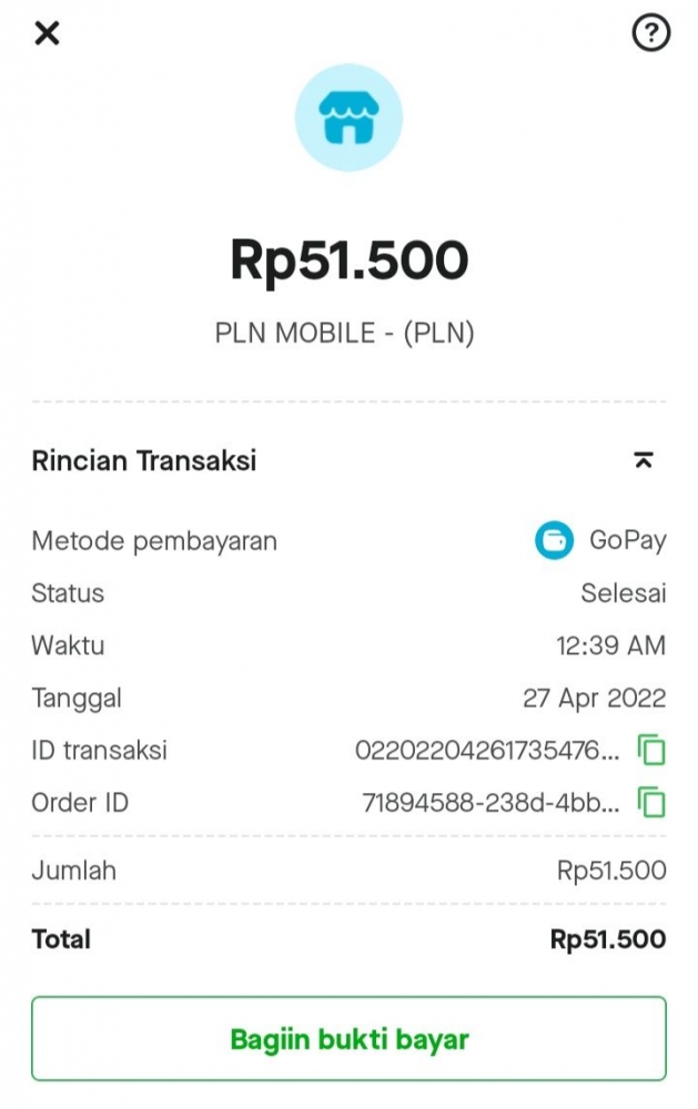 Bukti bayar via Gopay pada permohonan ubah daya (biaya token saja) - Jepretan pribadi