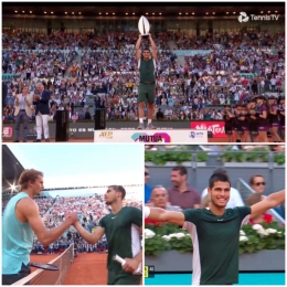 Carlos Alcaraz Garfia dg trophy juara Mafrid Open 2022, salaman dg Zverev dan selebrasi kemenangan. Sumber foto: tangkapan layar Tennis TV (diolah pribadi)