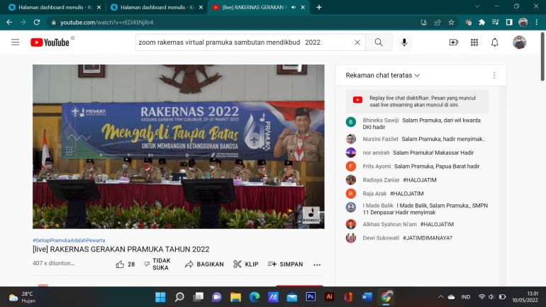 Poto : Siaran live youtube  rakernas Gerakan Pramuka tahun 2022  dari chanel kwarnas Gerakan Pramuka