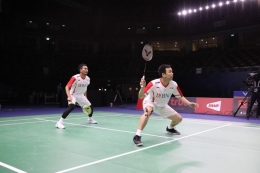 Ahsan/Hendra menyamakan kedudukan Indonesia-Thailand menjadi 1-1 (foto:PBSI via Kompas.com)