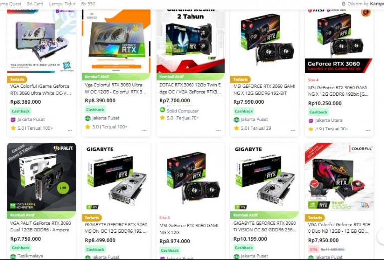 Foto: Harga VGA card RTX 3060 di salah satu e-commerce (dok. pribadi tangkap layar dari ecommerce)