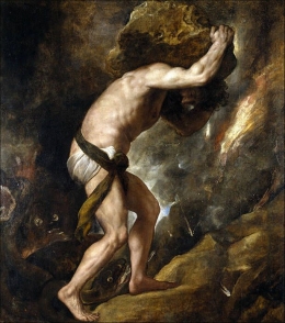 Lukisan oleh Tiziano Vecellio, Sisyphus. Sumber: Wikipedia