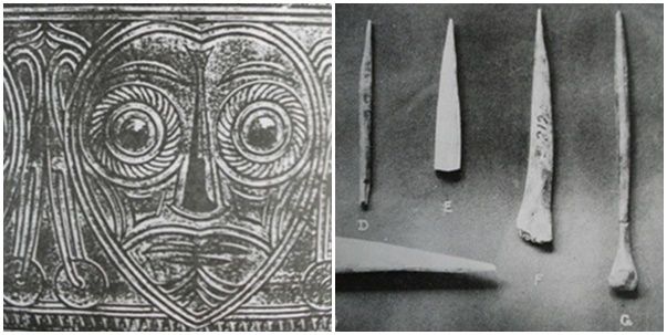 Motif tato pada nekara/kiri dan alat pembuat tato/kanan (Sumber: The Stone Age of Indonesia)
