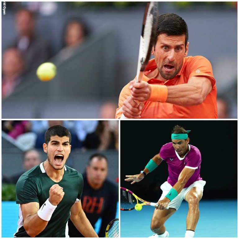 Novak Djokovic, Carlos Alcaraz Garfia dan Rafael Nadal, Tiga calon potensial Juara French Open 2022. Sumber Foto : ligaolahraga.com