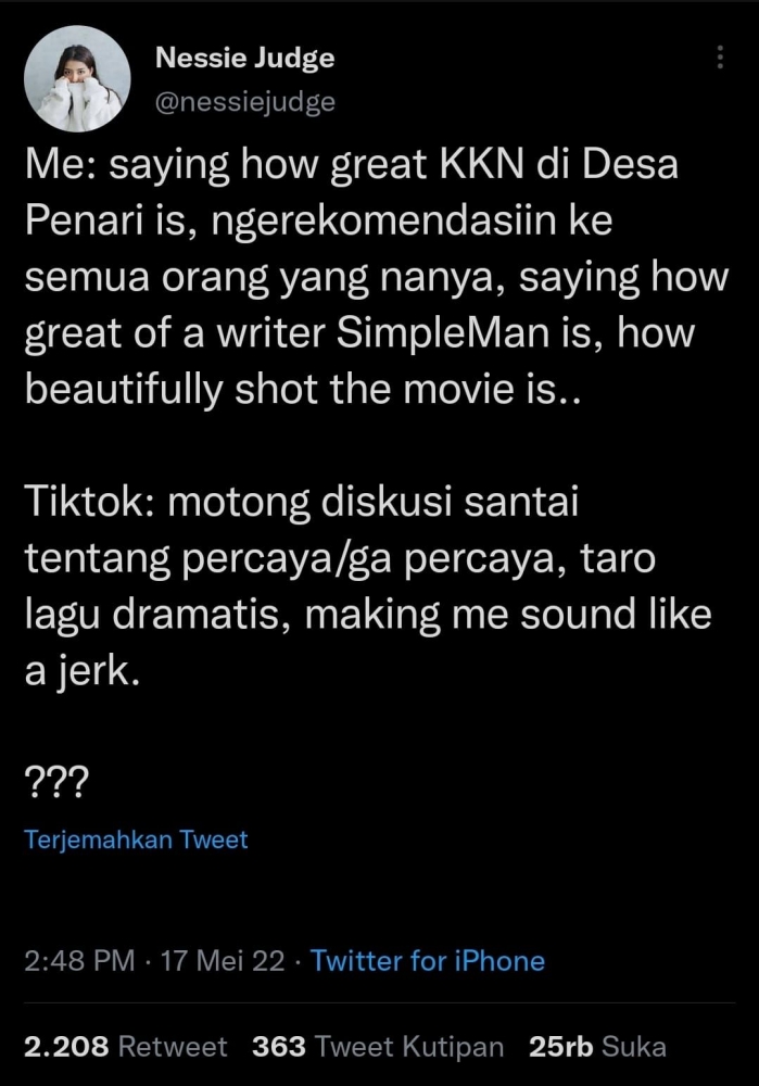 Klarifikasi Nessie Judge melalui akun media sosial twitter pribadinya. (Sumber: Twitter @nessiejudge)