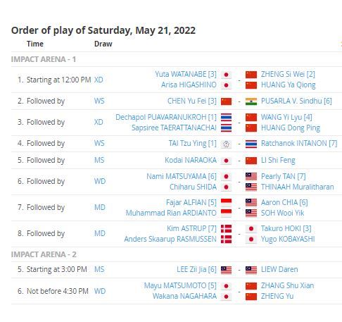 Jadwal semifinal Thailand Open 2022: tournamentsoftware.com