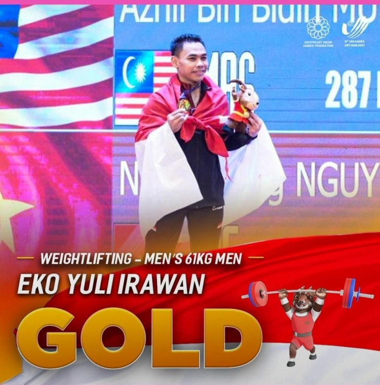 Eko Yuli Irawan meraih emas cabang weightlifting - Sumber: Instagram @seagames31_vietnam2021