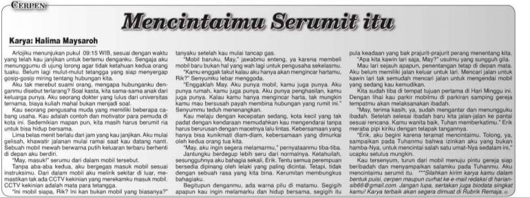 Contoh cerpen saya dimuat di Sinar Indonesia Baru (SIB) Medan, edisi Minggu, 27 Maret 2022