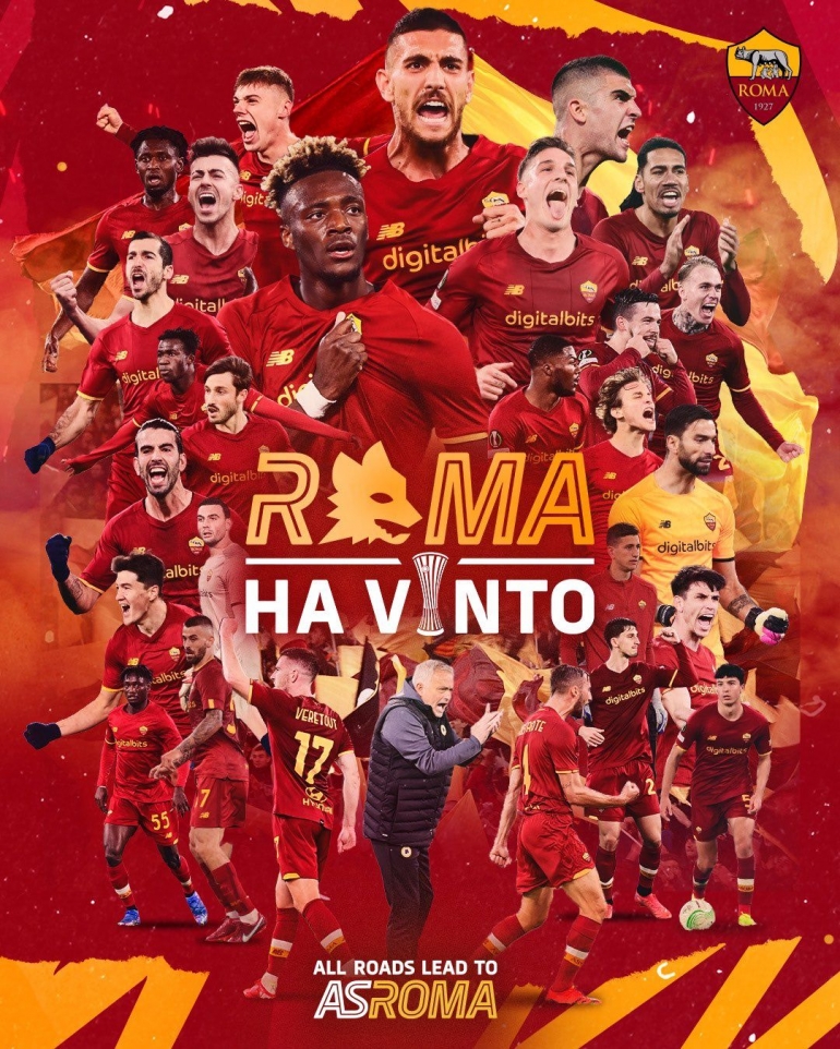 Poster kemenangan AS Roma di Piala Conference Eropa tahun 2022 (sumber: twitter @mafiawasit)