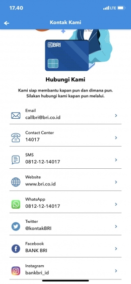 Daftar kontak resmi pelayanan BRI, sumber: tangkapan layar BRImo