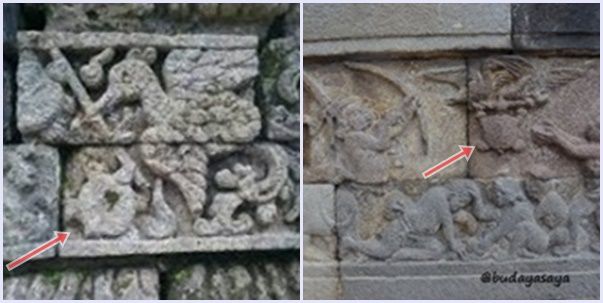 Relief kura-kura (tanda panah) pada candi (Sumber: jatimtimes.com/kiri dan budayasaya/kanan)