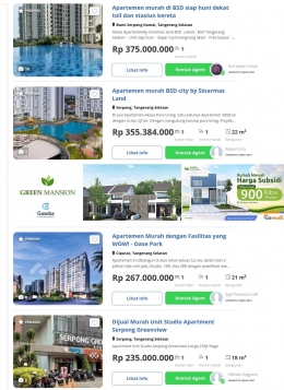 Harga rumah apartemen di Tangerang Selatan (sumber: Lamudi)