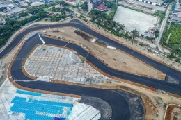 Foto udara lintasan Sirkuit Jakarta International E-Prix Circuit (JIEC)(ANTARA FOTO/MUHAMMAD ADIMAJA)
