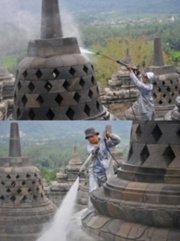 Petugas Balai Konservasi Borobudur membersihkan debu Merapi yang menempel pada stupa (Sumber: kebudayaan.kemdikbud.go.id)