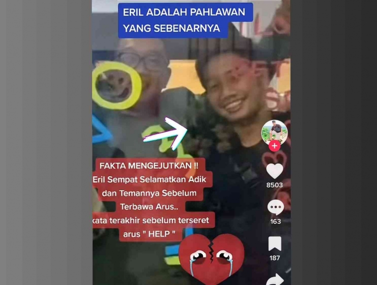 Salah satu konten TikTok mengenai Emeril (Eril) di media sosial. Sumber: Tiktok Hendrik sant.