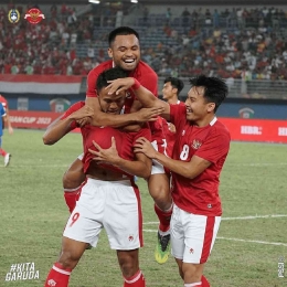 Selebrasi gol pertama Indonesia oleh Dimas Drajad (Fotot : Twitter/ @PSSI)