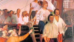 Lukisan yang menggambarkan suasana saat awak kapal Victoria kembali ke Spanyol, September 1522. GAMBAR: Wikipedia Commons