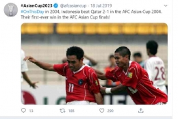 Cuitan akun resmi Piala Asia di Twitter saat mengenang kemenangan bersejarah Indonesia atas Qatar. GAMBAR: Twitter/afcasiancup