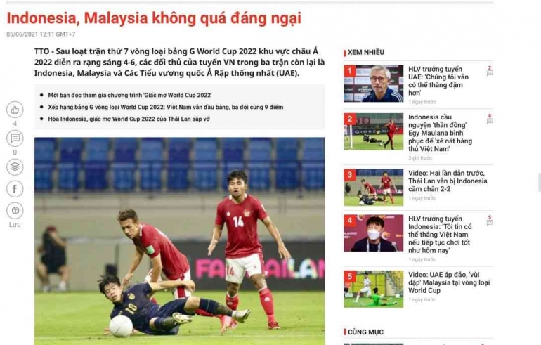 Laman berita dari media Vietnam yang membahas tentang Timnas Indonesia (sumber: timnas.skor.id)