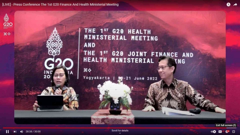 Tangkapan Layar: Konferensi Pers the 1st G20 Joint Finance and Health Miniters' Meeting, Yogyakarta, 21 Juni 2022 (Sumber: YouTube Kemenkeu) 