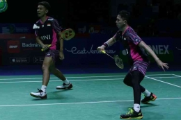 Fajar Alfian/Muhammad Rian Ardianto saat bertanding di perempat final Indonesia Open 2022 : KOMPAS.com/KRISTIANTO PURNOMO