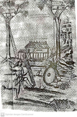 rumah sederhana visaya, dengan tiga rumah pohon, mungkin digunakan sebagai lumbung atau tempat berlindung ( dari alcina , 1668)