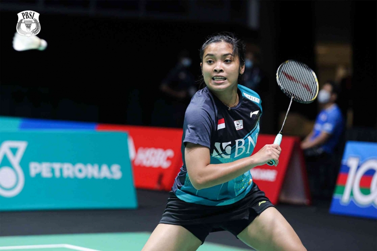 Penampilan Gregoria Mariska Tunjung di lapangan turnamen Petronas Malaysia Open 2022 (Foto : PBSI)