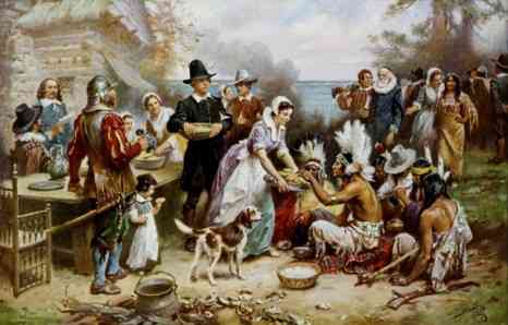 (Ilustrasi perayaan hasil panen atau Thanksgiving antara kaum Pilgrims dan kaum Wampanoag pada tahun 1621. Sumber: theprioryrecord.com)