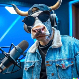 Foto hasil GPT-3 dengan perintah “Photo of hip hop cow in a denim jacket recording a hit single in the studio.”