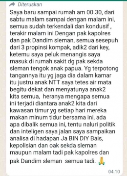 Salah satu WA dari perkumpulan NTT di Yogyakarta terkait proses mediasi perdamaian yang muncul di grup Vox Populi NTT