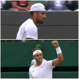 Nick Kyrgios (atas)tantang Rafael Nadal(bawah) di SF Wimbledon 2022. Sumber foto : wimbledon.com